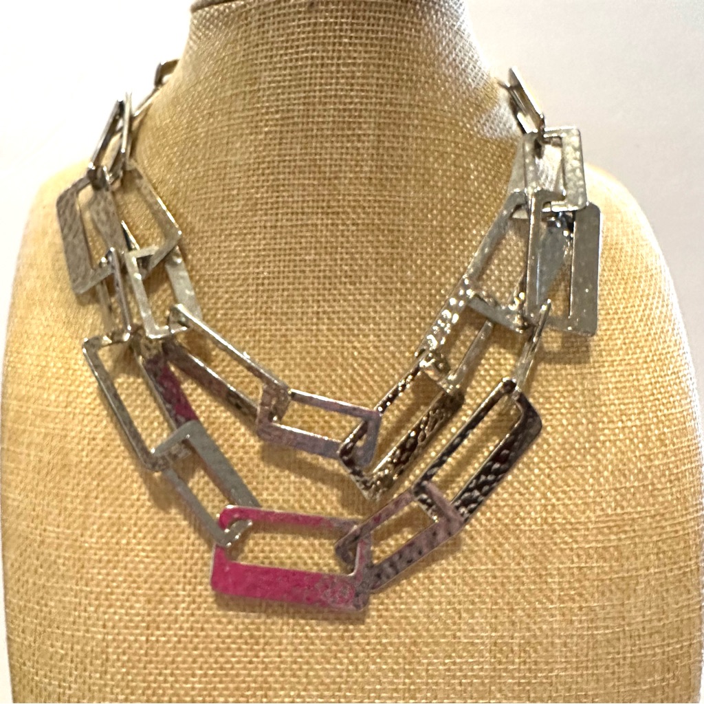 Stella & Ruby Necklace Silver Hammered Rectangular Link Chain, Double Strand